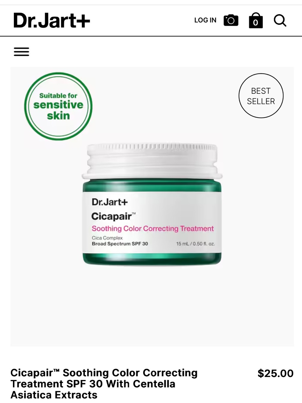 Dr. Jart+ Cicapair Soothing Color Correcting Treatment SPF 30 15 mL / 0.5 fl oz.